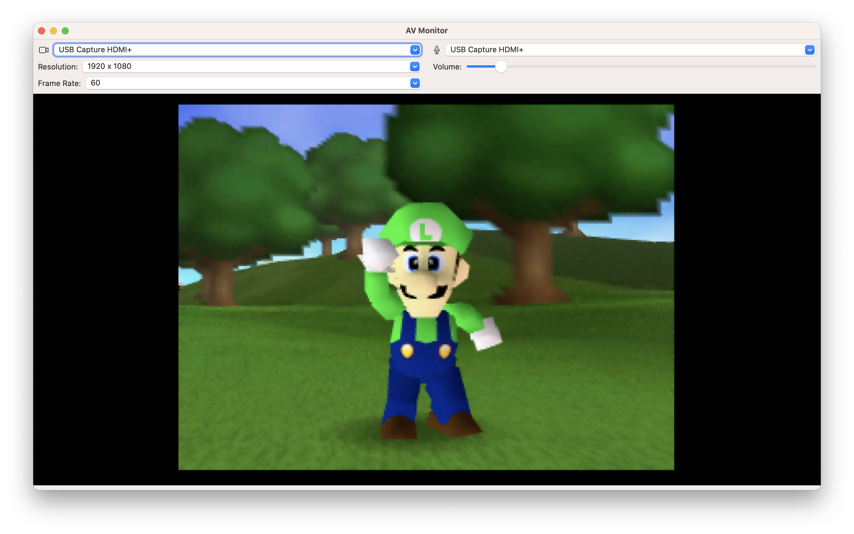 AV Monitor window with the Mario Golf 64 Intro Screen visible at 1920x1080 resolution, 60 frames per second, and audio output enabled