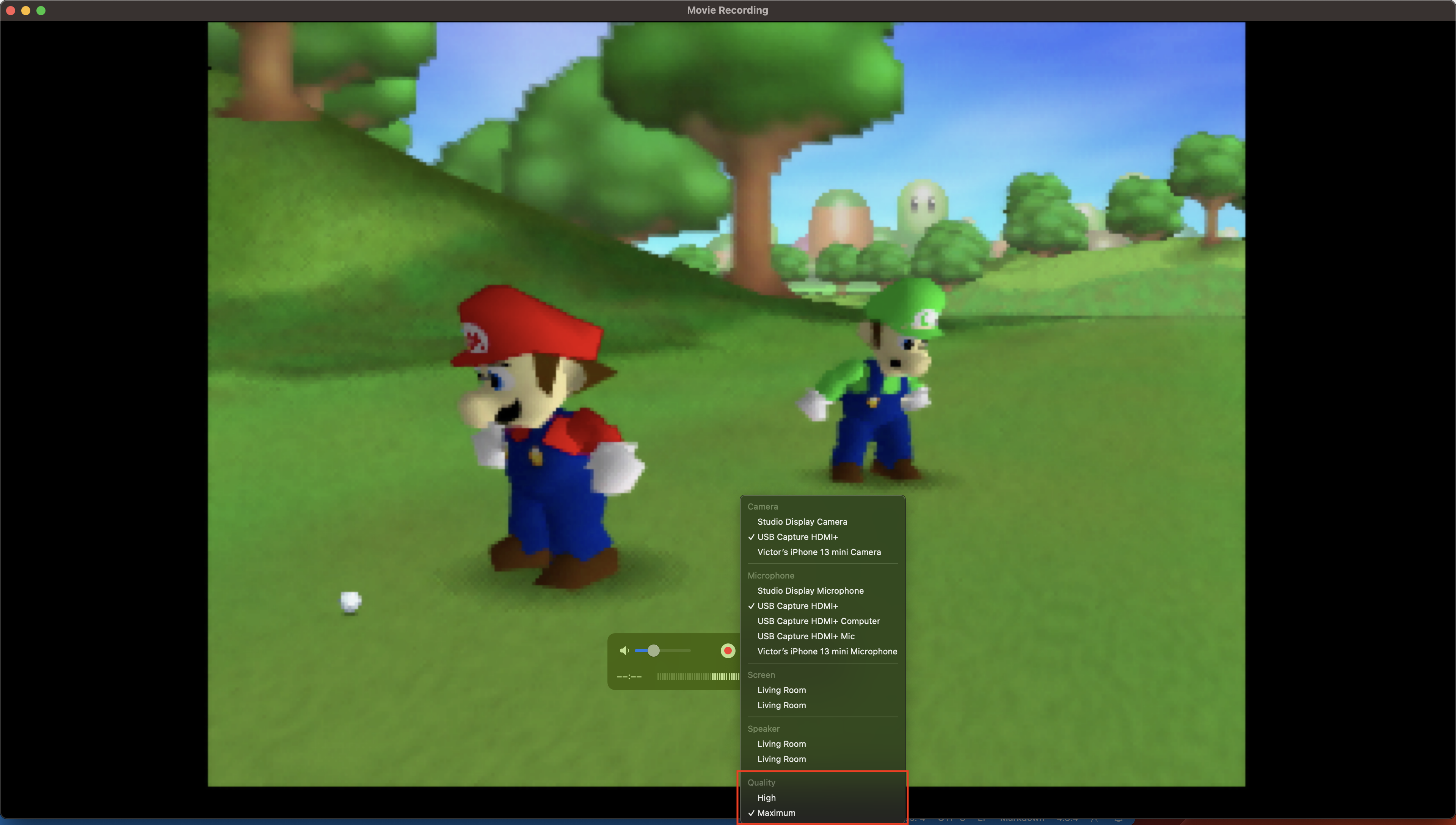QuickTime window with the Mario Golf 64 Intro Screen visible and vague high and maximum quality options highlighted
